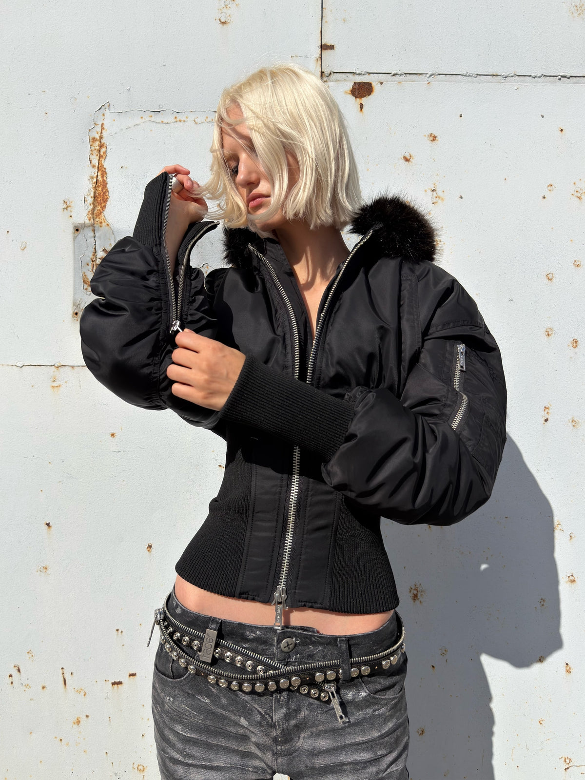 Black Fitted Fur Bomber