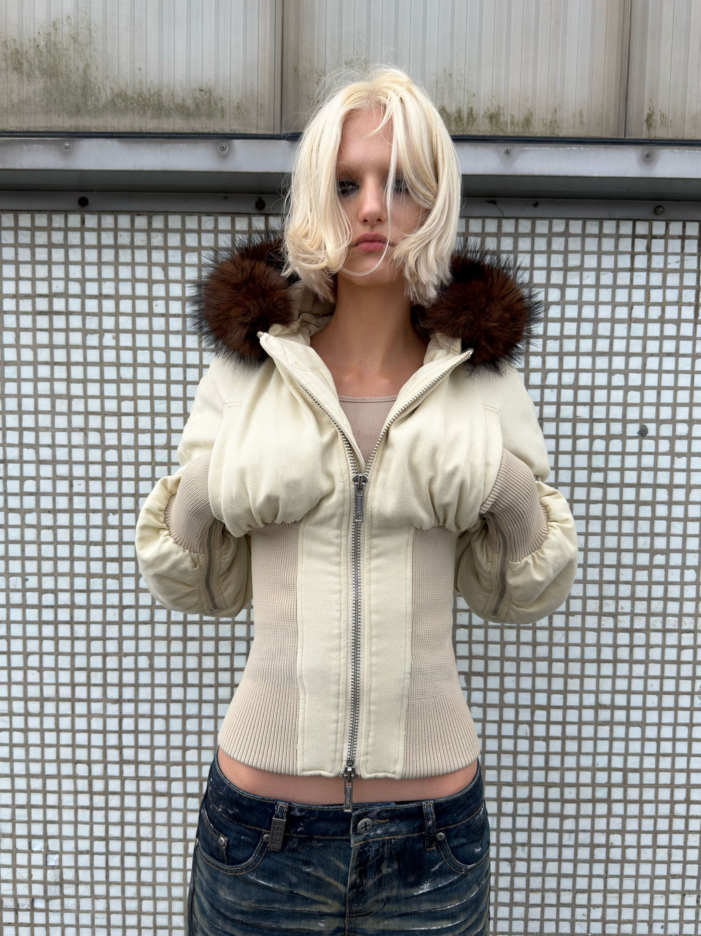 Beige Fitted Fur Bomber