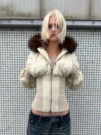 Beige Fitted Fur Bomber