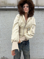 Beige Fitted Fur Bomber