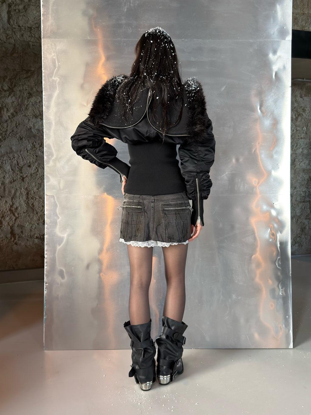 Black Fitted Fur Bomber