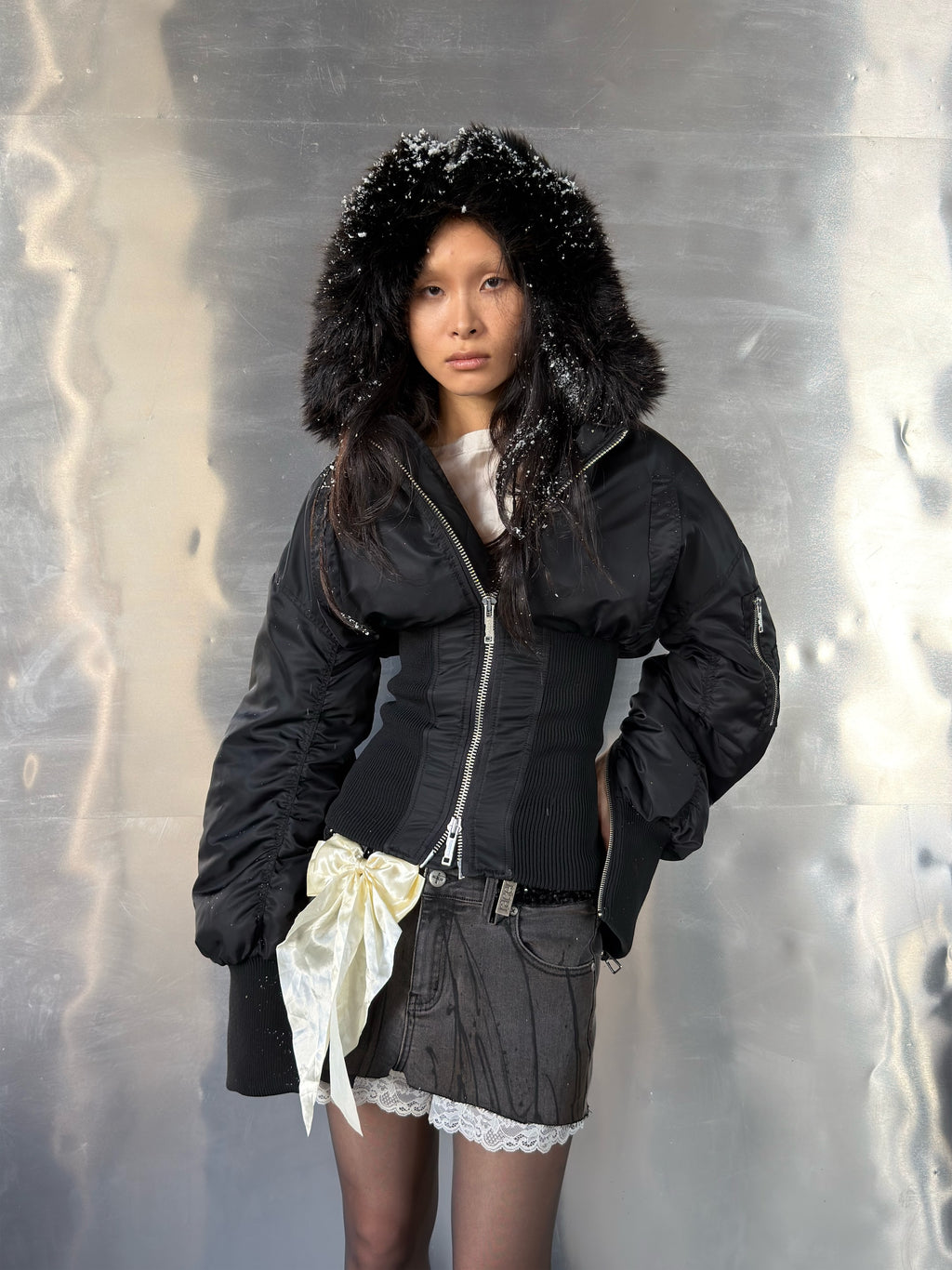 Black Fitted Fur Bomber