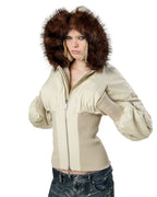 Beige Fitted Fur Bomber