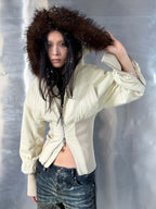 Beige Fitted Fur Bomber